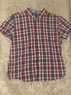 Tommy Hilfiger Red, Blue & White Plaid Short-Sleeve Button-Down Shirt